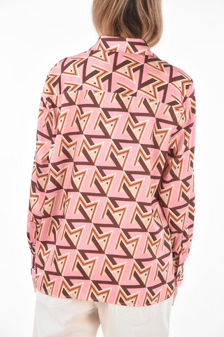 Straight Collar Monogram Patterned Satin Shirt