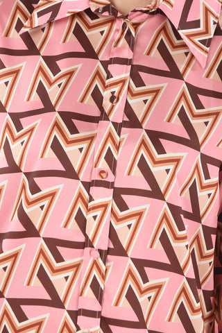Straight Collar Monogram Patterned Satin Shirt