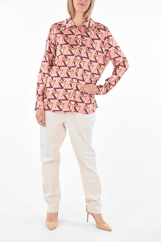 Straight Collar Monogram Patterned Satin Shirt