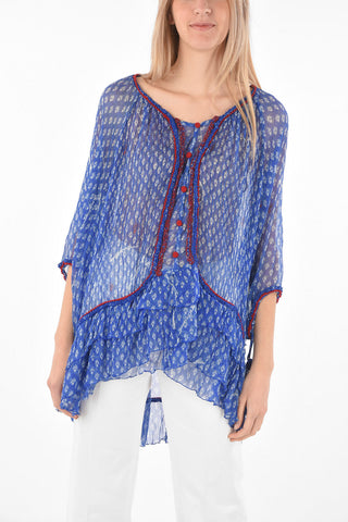 Camicia in Seta con Maniche a Pipistrello e Motivo Floreale