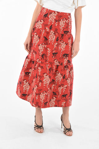 Side Zipped Floral Patterned Flounced Skirt