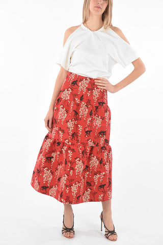 Side Zipped Floral Patterned Flounced Skirt