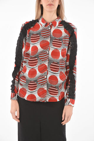 Ruffle Detail Geometric Patterned Silk Shirt