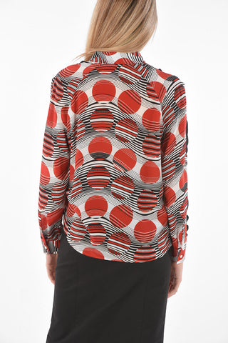 Ruffle Detail Geometric Patterned Silk Shirt