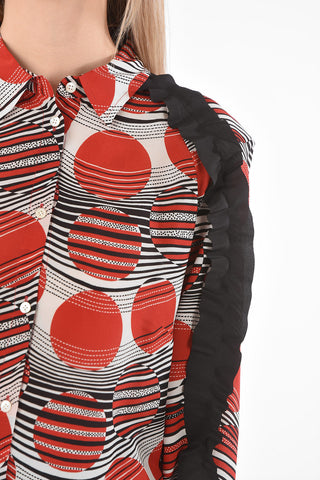 Ruffle Detail Geometric Patterned Silk Shirt