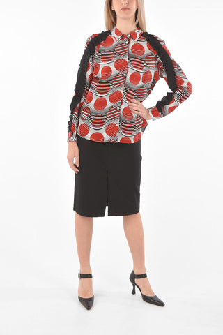 Ruffle Detail Geometric Patterned Silk Shirt