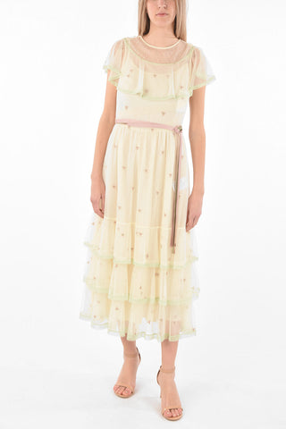 Embroidered Tulle Flounced Dress with Belt