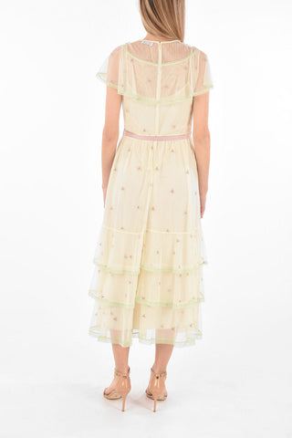 Embroidered Tulle Flounced Dress with Belt
