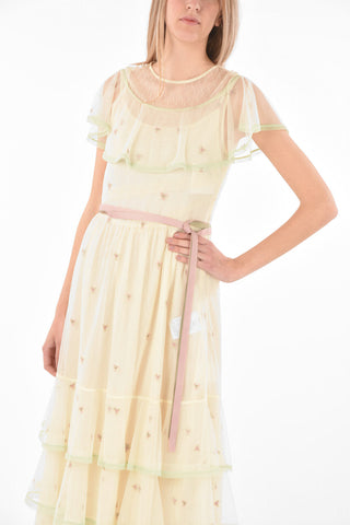 Embroidered Tulle Flounced Dress with Belt