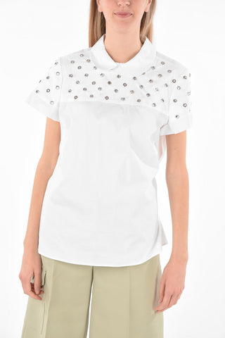 Blusa a Maniche Corte con Cristalli e Borchie