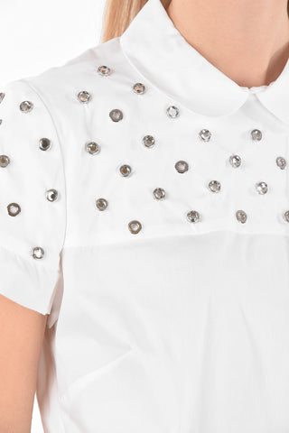 Blusa a Maniche Corte con Cristalli e Borchie