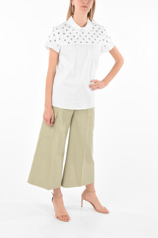 Blusa a Maniche Corte con Cristalli e Borchie