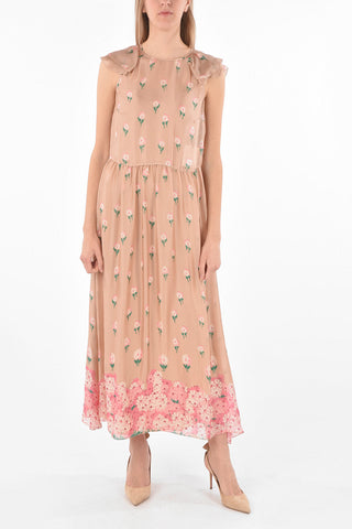 Ruffle-sleeved Floral Patterned Silk Maxi Dress