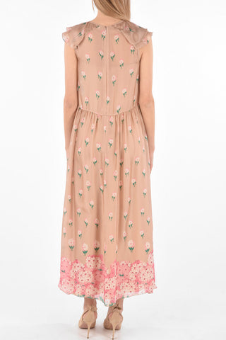 Ruffle-sleeved Floral Patterned Silk Maxi Dress