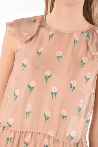 Ruffle-sleeved Floral Patterned Silk Maxi Dress