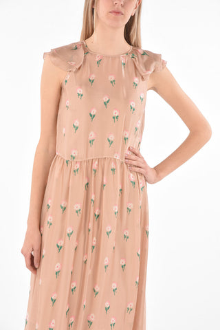 Ruffle-sleeved Floral Patterned Silk Maxi Dress