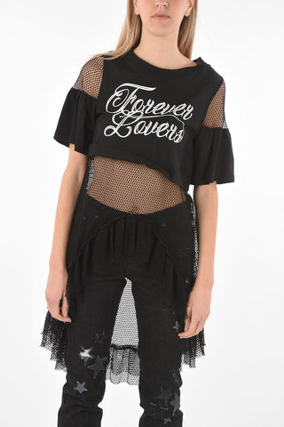 Mesh Sleeve and Bottom FOREVER LOVERS Asymmetric T-Shirt