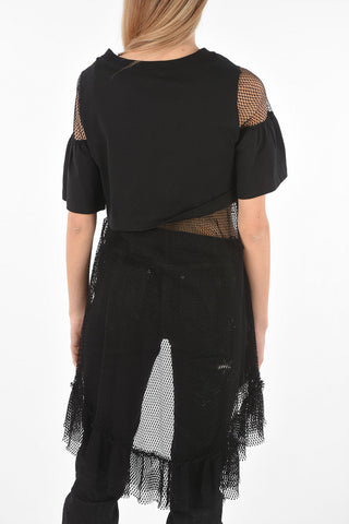 Mesh Sleeve and Bottom FOREVER LOVERS Asymmetric T-Shirt