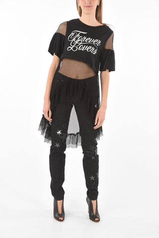 Mesh Sleeve and Bottom FOREVER LOVERS Asymmetric T-Shirt