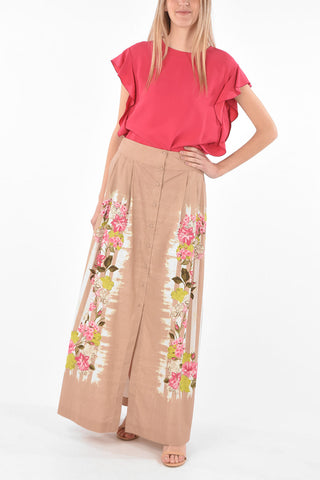 Front Buttoned Printed Cotton Maxi Skirt