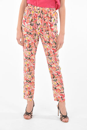 Silk Pants with Elastic Waist and Floral Pattern