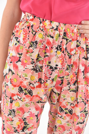 Silk Pants with Elastic Waist and Floral Pattern
