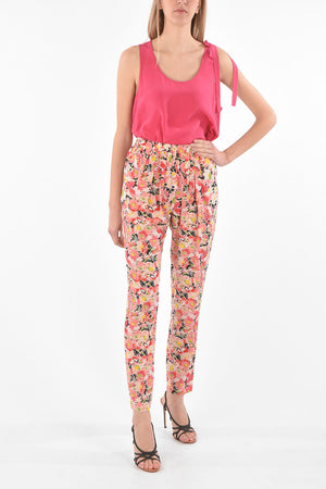 Silk Pants with Elastic Waist and Floral Pattern