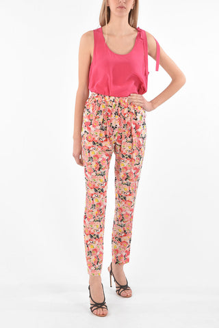 Silk Pants with Elastic Waist and Floral Pattern