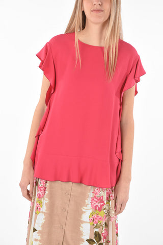 Crew Neck Back Zipped Ruffle-sleeved Top
