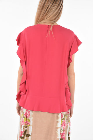 Crew Neck Back Zipped Ruffle-sleeved Top