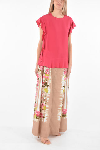 Crew Neck Back Zipped Ruffle-sleeved Top
