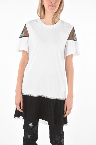 Crew Neck Short-sleeved Dress with Tulle Details