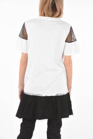 Crew Neck Short-sleeved Dress with Tulle Details