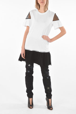 Crew Neck Short-sleeved Dress with Tulle Details
