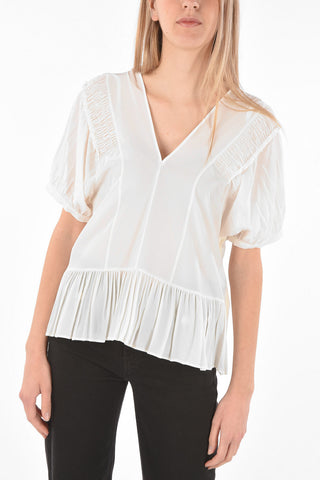 V Neck Pleated Bottom Silk Blouse
