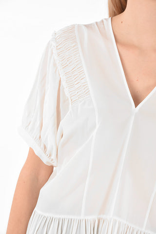 V Neck Pleated Bottom Silk Blouse