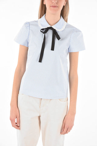 Short-sleeved Awning Striped Cotton Blouse