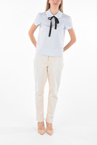 Short-sleeved Awning Striped Cotton Blouse