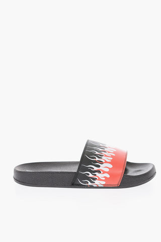 flames printed faux leather slides