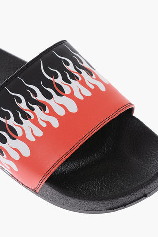 flames printed faux leather slides