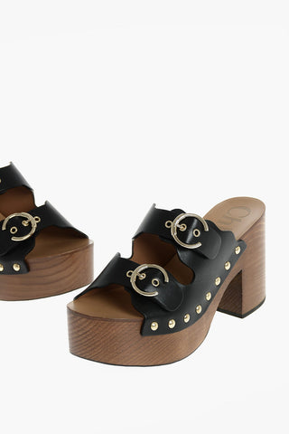 Leather Studded LAUREN Clogs with Wooden Heel 10 cm
