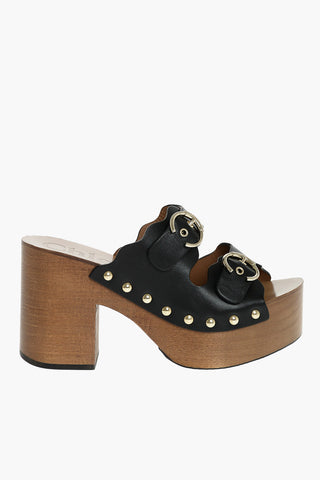 Leather Studded LAUREN Clogs with Wooden Heel 10 cm