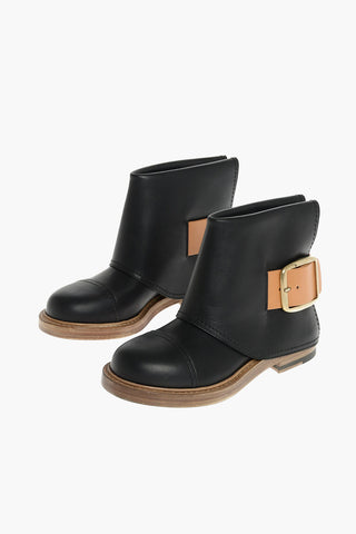 Leather Booties with Buckle and Visible Stitchings
