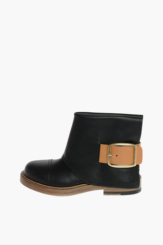 Leather Booties with Buckle and Visible Stitchings
