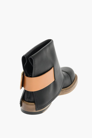 Leather Booties with Buckle and Visible Stitchings