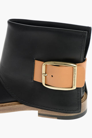 Leather Booties with Buckle and Visible Stitchings