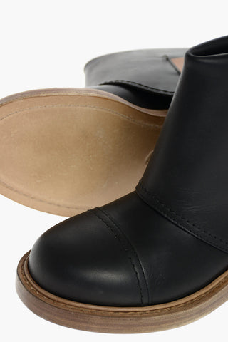 Leather Booties with Buckle and Visible Stitchings