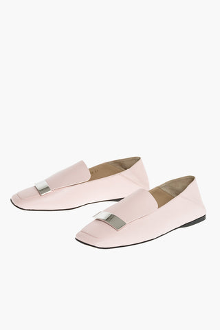 SR1 Soft Leather Square-toed Slippers with Decorative Plate