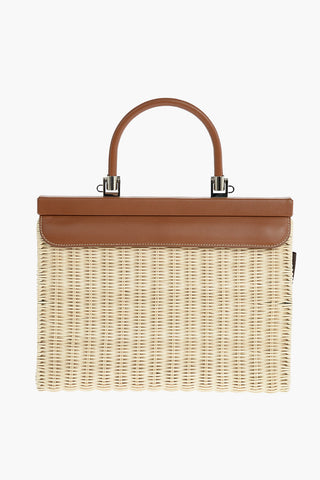 Leather Handle and Flap Wicker Hand Bag