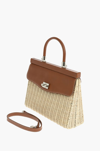 Leather Handle and Flap Wicker Hand Bag